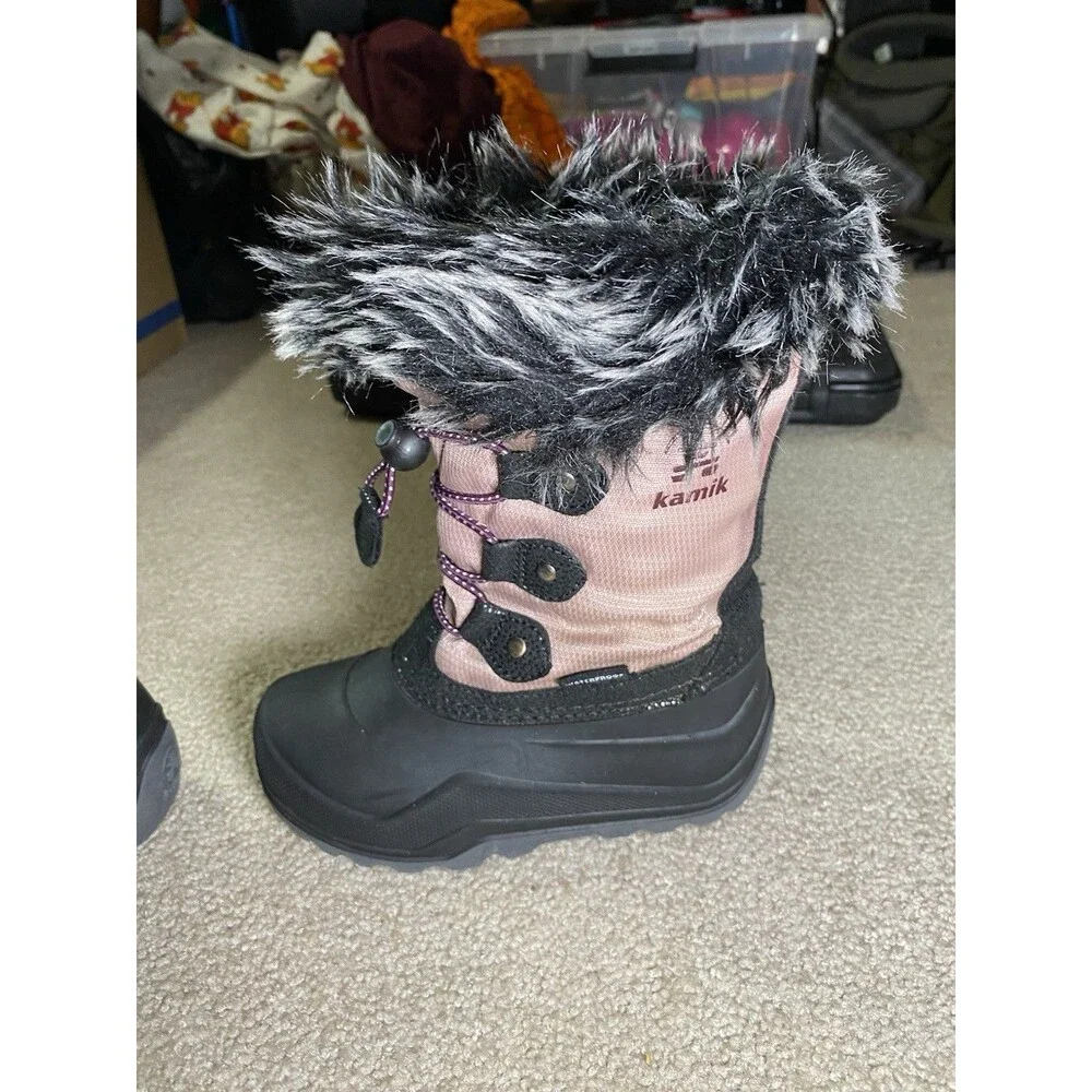Kamik Kids Pink Black Waterproof Winter Snow Boots Faux Fur Trim Size 11